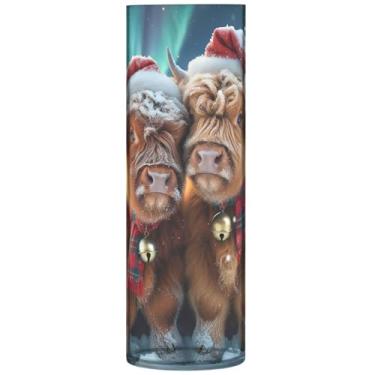 Imagem de Vasos de flores cilíndricos para centros de mesa, bonito vaso redondo de plástico de vaca Highland de Natal, fofo, personalizado, exclusivo, decoração de flores modernas, 30 x 9,9 cm