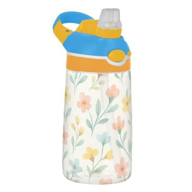 Imagem de Garrafa de água fofa bege floral pastel infantil 473 ml Tritan à prova de vazamento garrafa de água esportiva com tampa de canudo 473 ml reutilizável infantil copo portátil, alça de transporte