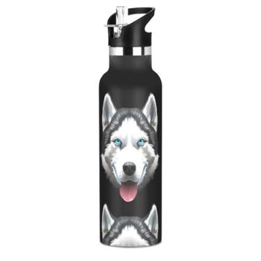 Imagem de Garrafa de água para cães Husky siberiano preto animal para crianças adolescentes garrafas de água isoladas à prova de vazamento copo de aço inoxidável copo de viagem com tampa de canudo para bebidas