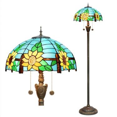 Imagem de Luminária de chão estilo Tiffany [2 lâmpadas][40,6 cm L x 157,5 cm A] Luminária decorativa para casa, estilo antigo, com vitral em formato de girassol, ideal para leitura em sala de estar, q