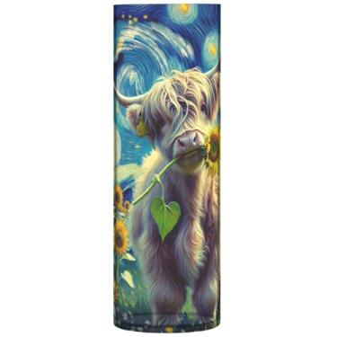 Imagem de Vasos e plantadores de plástico Highland Cow Calf Girassóis e vasos cilíndricos para flores, vasos decorativos exclusivos para decoração de casa, 30 cm x 9,9 cm