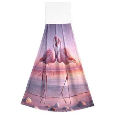 Imagem de Joitme Toalhas de cozinha de mão rosa flamingos Valentine com laço para pendurar toalhas de forno absorventes macias conjunto de 2, decoração de cozinha moderna 18,2 x 14 polegadas