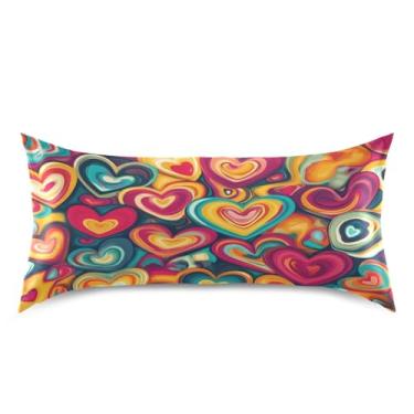 Imagem de Blueangle Fronha de cetim refrescante para cabelo e pele, capa de almofada de corações coloridos, tamanho king size 50,8 x 101,6 cm com fecho de envelope (20)