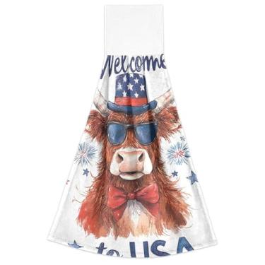 Imagem de Joisal Toalhas de mão com laço para pendurar EUA Highland Cow American conjunto de 2, panos de prato decorativos altamente absorventes para cozinha, 45 x 35 centímetros