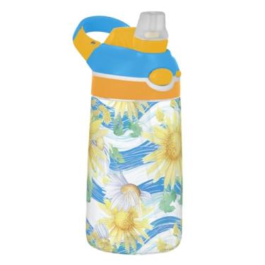 Imagem de Garrafa de água infantil Tritan de 473 ml, à prova de vazamento, 473 ml, com canudo, copo de bebida, portátil, para crianças, alça de transporte, margaridas amarelas, crisântemos