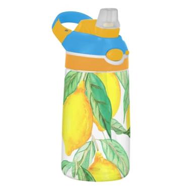 Imagem de Garrafa de água esportiva infantil com folhas verdes e limões amarelos brilhantes para escola, 473 ml, 473 ml, garrafa de água Tritan com canudo, copo portátil à prova de vazamento, alça de transporte