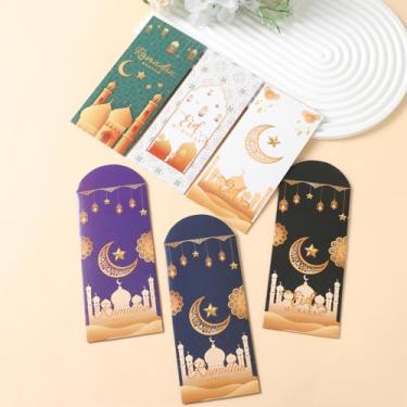 Imagem de 12 envelopes de dinheiro Eid Mubarak, porta-cartões de presente em dinheiro da sorte de 16,5 x 8,09 cm, design de lanterna lunar, envelope vertical Eid, decoração de férias para crianças, festa do