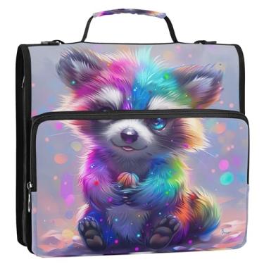 Imagem de Organizador de fichário colorido com estampa de guaxinim arco-íris com zíper de 3,8 cm, fichários de 3 anéis com alça, pasta de armazenamento de bolsa escolar com alça