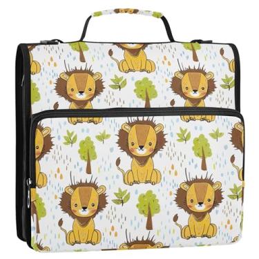 Imagem de Lindos desenhos animados de árvores de leão, azulejo branco, fichários de 3 cm, 3 anéis, organizador de fichário resistente com zíper, bolsa escolar com alça de ombro, portfólio e estojo para pasta de