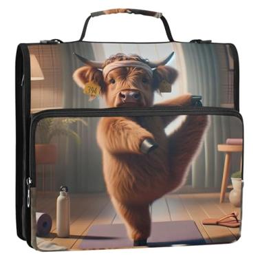 Imagem de Highland Cow Yoga Animal Engraçado Fichários de 3 cm 3 anéis resistentes com zíper organizador de fichário escolar bolsa de fichário com alça vários bolsos pasta grande portfólio