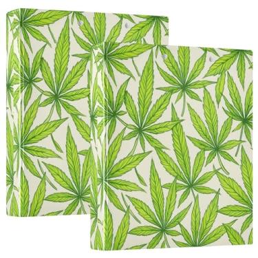 Imagem de Fichários personalizados com 3 anéis de folhas de cannabis finas verdes e brancas de 3 cm comporta 200 folhas, 3 pastas de anéis, fofos, fichários redondos de 31,5 x 27 x 6 cm, pacote com 2