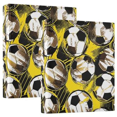 Imagem de Pastas de bola de futebol amarelas pretas 3,8 cm, 3 anéis, 200 folhas, coloridas, 3 pastas de anéis, fichário de receita de anel redondo, 31,5 x 27 x 6 cm, pacote com 2