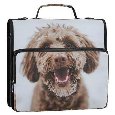 Imagem de Organizador de fichário com zíper Happy Doodle Dog Snowy 3,8 cm, 3 anéis, fichário grande com alça de ombro para armazenamento escolar, estojo com alça