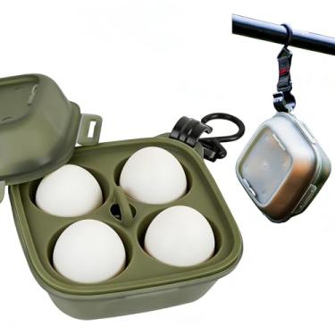 Imagem de ReignSword Suporte para ovos de acampamento 2 em 1, caixa portátil de armazenamento de ovos de 4 grades com vaporizador de silicone embutido e gancho para uso externo, recipiente para ovos à prova de