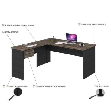 Imagem de Mesa De Escritório Em L 1,60x1,60m Com 2 Gavetas Work30 Compace Carvalho Dark/preto Ônix