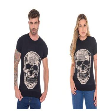 Imagem de Kit Camiseta Caveira Ele e ela Preta - execução jeans, Preto, G