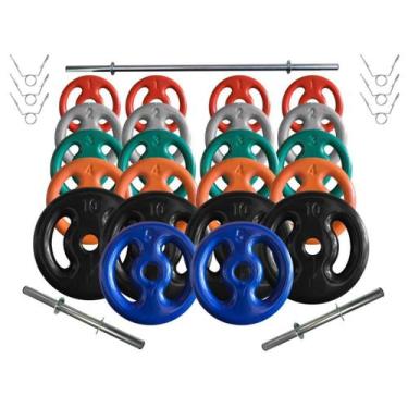 Imagem de Kit Anilhas Emborrachadas 90 Kg + Barras com Presilhas - 2M