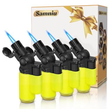 Imagem de SAMNIU Pacote com 4 mini acendedor de tocha, chama de jato rotativa 45° à prova de vento, isqueiros de butano multiuso para vela, lareira, lembrancinhas de festa de Natal (gás não incluído)