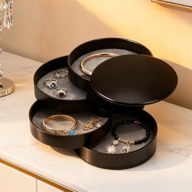 Imagem de Organizador de joias, pequena caixa de armazenamento de joias com tampa, bandeja de enfeite de cabeça giratória de 4 camadas, organizador de viagem redondo para anéis de presente, pulseiras, pulseiras