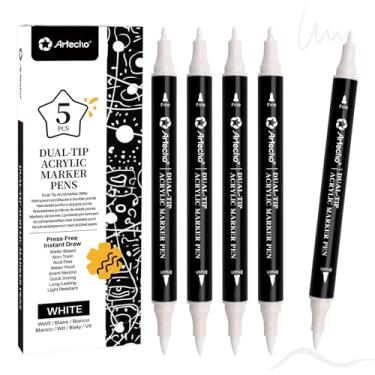 Imagem de Artecho Caneta de tinta acrílica de ponta dupla, conjunto de 5 peças - ponta fina e ponta de pincel para pedra, pintura rupestre, papel, abóbora, madeira, ovo, tela, cerâmica, tecido, couro, vidro