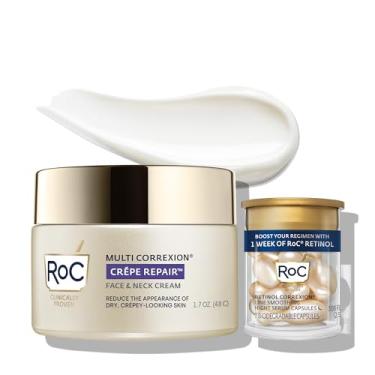 Imagem de RoC Crepe Repair Anti-Envelhecimento Hidratante Facial Diário & Creme firmador de Pescoço (50 ml) Cápsulas de Retinol Suavização de Rugas (7 CT), Tratamento de Cuidados com a Pele