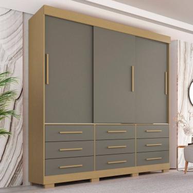 Imagem de Guarda-roupa com Pés Casal 3 Portas 9 Gavetas Luana Jequitibá/Granizo