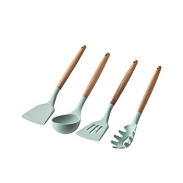 Imagem de U5GAAALPPQ9 Conjunto de utensílios de cozinha de silicone com cabo de madeira, espátula de cozinha, colher de sopa especial antiaderente para coador de macarrão de sopa doméstica