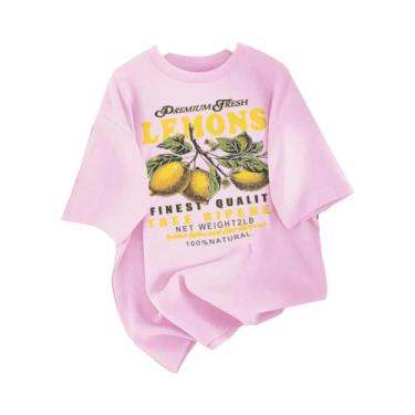 Imagem de Camiseta Feminina Solta De Algodão Com Estampa De Limão, Gola Redonda,