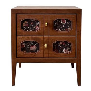 Imagem de Mesa de cabeceira vintage moderna, gavetas, padrão decorativo, armário baixo de madeira com ranhuras, armazenamento prático para quarto