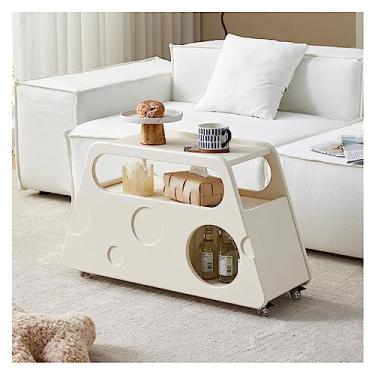 Imagem de Mesa de centro móvel de coquetel, mesa de centro para sala de estar, mesa lateral de 2 níveis com prateleira de armazenamento e gaveta, carrinho de servir estreito com rodas para cozinha, quarto