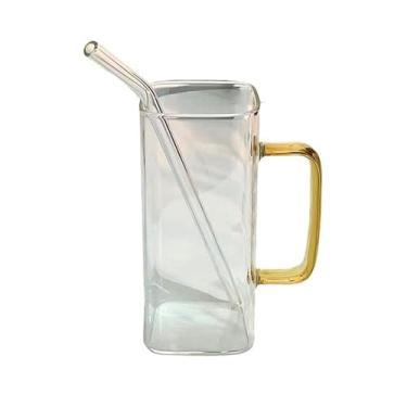 Imagem de Copos quadrados para beber com alça colorida, copos de suco de chá gelado de vidro borossilicato transparente de 450 ml com canudo (âmbar)