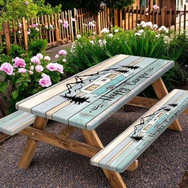 Imagem de Happy Campers Capa de mesa de piquenique com capas de banco, toalha de mesa de acampamento para trailer, capa de mesa de piquenique ajustada de madeira para mesas retangulares, decoração de festa ao