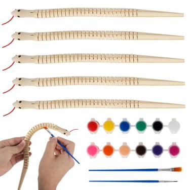 Imagem de 5 peças de cobras de madeira inacabadas, brinquedo de cobra articulada flexível de 29 cm com 2 pincéis e 12 tintas, modelos de animais de madeira em branco pintáveis DIY para pintura criativa e