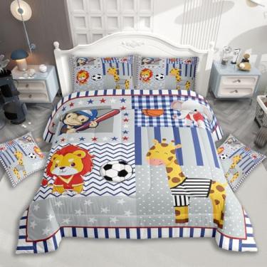 Imagem de jejeloiu Conjunto de edredom com desenho de zoológico, tamanho solteiro, engraçado, animais da selva, futebol americano, para decoração de quarto de crianças, meninos, meninas, microfibra, ultramacio