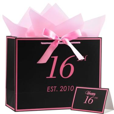 Imagem de Saco de presente de aniversário de 16 anos com cartão e papel de seda para mulheres dela, 2010 16 anos 33 cm elegante preto e rosa aniversário lembrança festa presente compras sacos de papel para