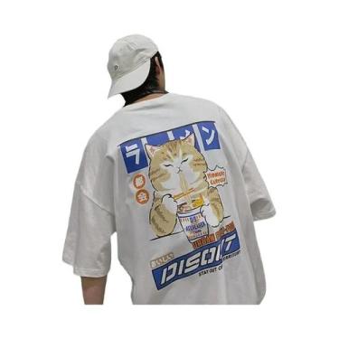 Imagem de Camiseta Unissex Oversized Com Estampa De Gato E Noodles Estilo Haraju