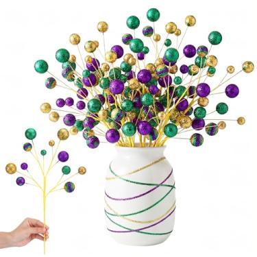 Imagem de Youyole 10 palitos de bola de glitter de carnaval de 38 cm roxo verde dourado carnaval floral decoração de topo de árvore de carnaval artificial para festa de baile de máscaras