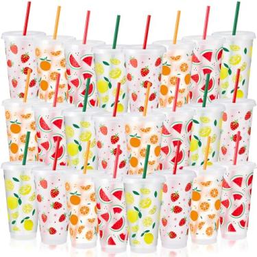 Imagem de Chuangdi Conjunto de 24 copos de frutas com tampas e canudos 680 g copos de plástico de verão vermelho melancia, morango, limão, laranja, recipiente para bebidas frias para frutas e artigos de festa