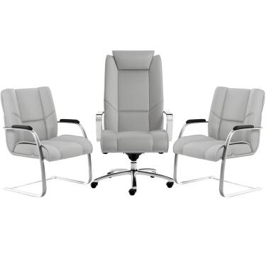 Imagem de Kit Cadeira Presidente Com 02 Cadeiras Fixas New Onix F02 Tecido Sintético Cinza - Lyam Decor