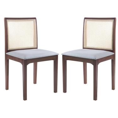 Imagem de Kit 02 Cadeiras Sala de Jantar Madeira Maciça Steve Tela Rattan Sextavano Linho Cinza/Amêndoa G55 - Gran Belo