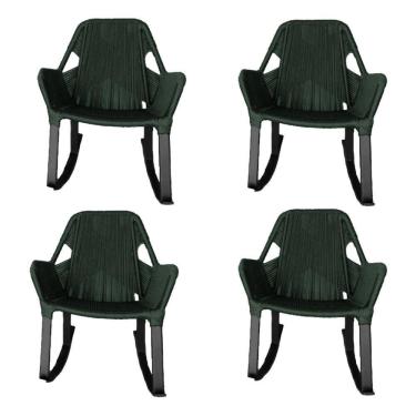Imagem de Kit 4 Cadeiras De Balanço Athenas Corda Náutica Base Em Alumínio Preto-verde Musgo - Cor: Verde