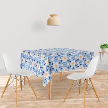 Imagem de Toalha De Mesa Quadrada Tecido Oxford Estampa Geométrica Amarelo e Azu
