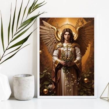Imagem de Quadro Decorativo Sacro Arcanjo Uriel 33x24cm Madeira Branca