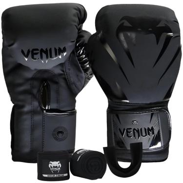 Imagem de Luva De Boxe Muay Thai Kickboxing Impact Evo Preta Bandagem Protetor Bucal Venum-Unissex