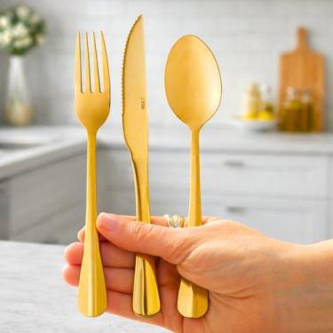 Imagem de Jogo de Talheres 6 Peças Dourado Inox Mesa Posta 2 Pessoas Faqueiro Pr