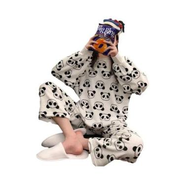 Imagem de Conjunto De Pijamas De Fleece Feminino, Roupa De Dormir Quente E Gross