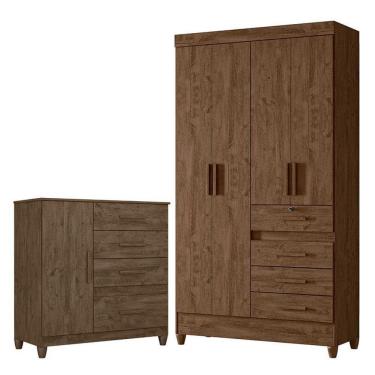 Imagem de Guarda Roupa Solteiro Sobral e Cômoda Vênus com pés Castanho Wood – Moval