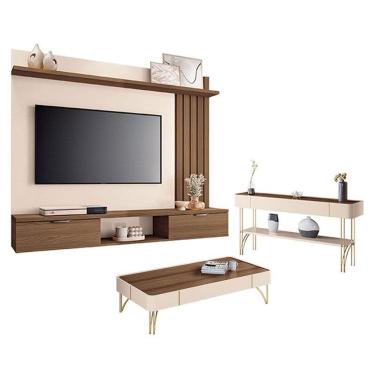 Imagem de Painel Suspenso Lets Castanho Off White com Mesa de Centro Cadenza e Aparador Vivant Off White Castanho - HB Móveis