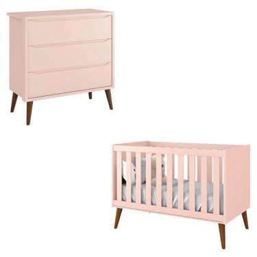 Imagem de Berço Americano e Cômoda Infantil Gaveteiro Theo Rosa com Pés Amadeirados – Reller