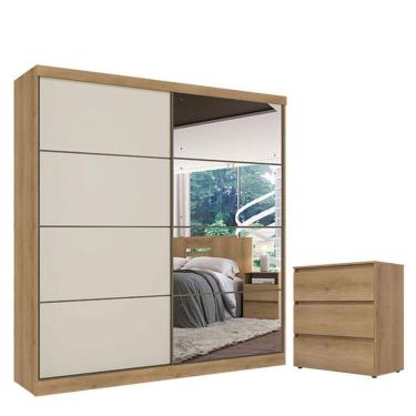 Imagem de Guarda Roupa Casal Málaga Full Glass 2 Portas Capuccino Off White e Cômoda Gaveteiro Co...